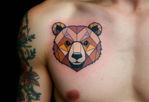 A tiny geometric-style bear on left pack in forest colors with “Papa Bear” etched into the fur. tattoo idea