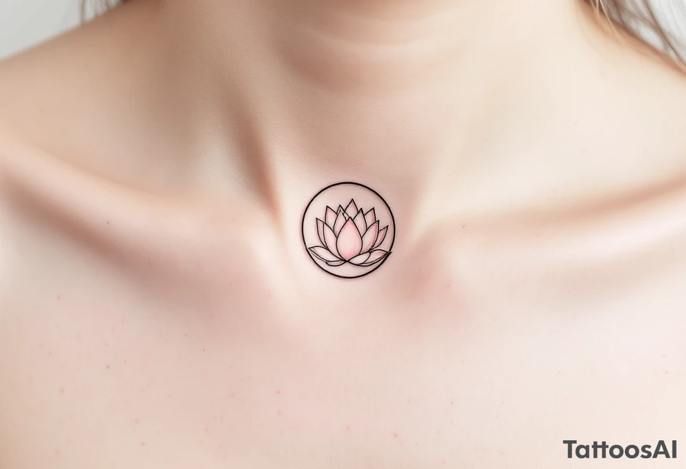 A small and thin black circle enclosing a delicate lotus flower in soft pink and white. tattoo idea