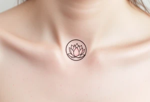 A small and thin black circle enclosing a delicate lotus flower in soft pink and white. tattoo idea