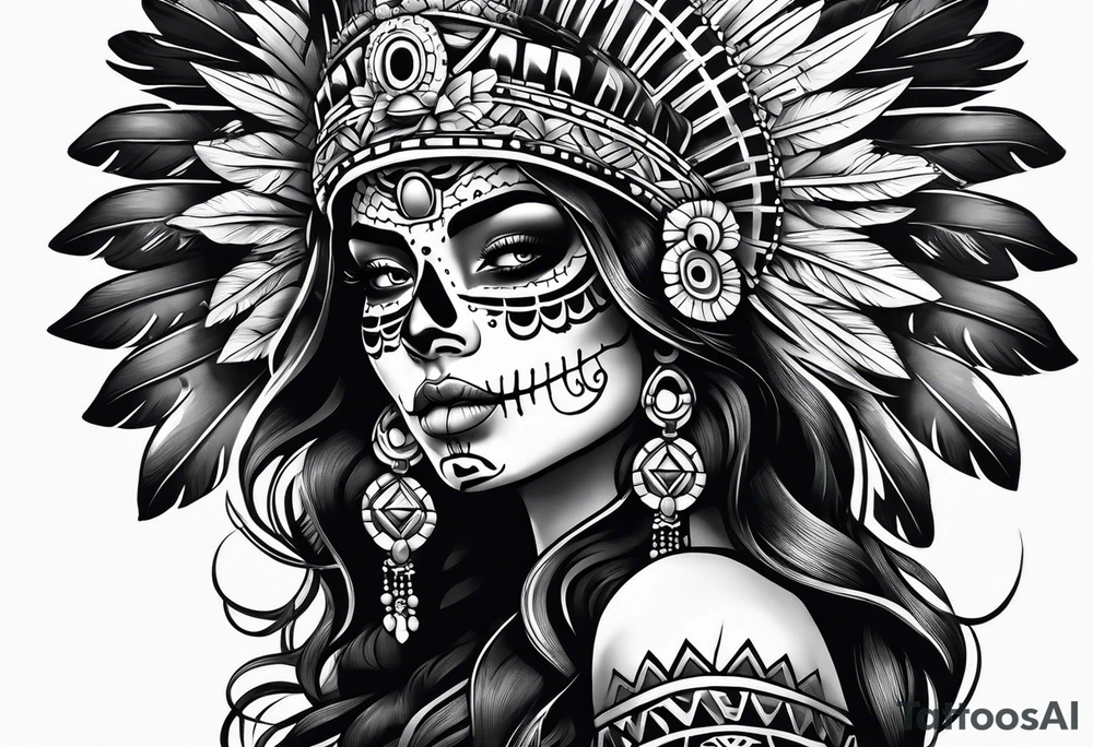Aztec princess side profile day of the dead tattoo idea