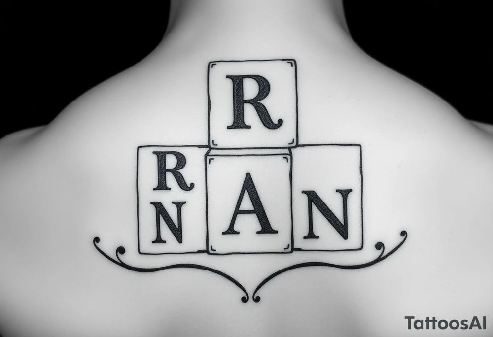 I WANT 5 TOY BABY BLOCKS STACKED ON TOP OF EACH OTHER AND I WANT EACH OF THEM TO HAVE A LETTER IN THEM. B, R, I, A, N THEY SHOULD BE STACKED ON TOP OF EACH OTHER IN 3D tattoo idea