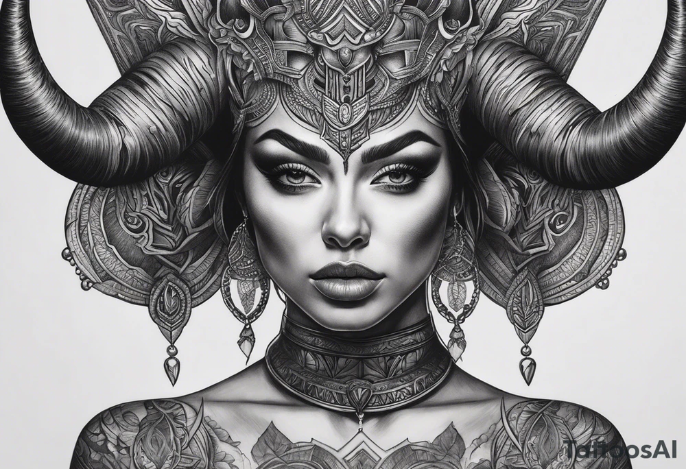 symmetrical woman head with curved horns facing downwards dark realism looking front facing view, ultra-detailed, high quality, high sharpness, hyper-realism, hyper-details, hyper-photorealistic, hyper-realistic tattoo idea