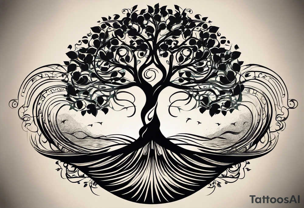 A tattoo design that incorporates the following elements: an abstract tree of life that has roots emerging  from the ground. Waves of water encapsulate the tree and wind around it in an organic way.  Incorporate music.   the letters U and A are overlapping and engraved into the tree. a golf ball incorporated but not prominent. tattoo idea