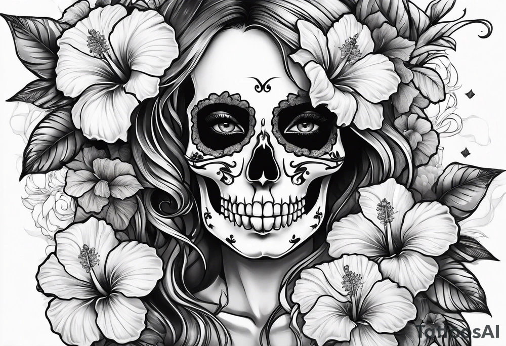 a female skeleton surrounded by hibiscus flower tattoo idea