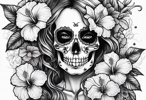 a female skeleton surrounded by hibiscus flower tattoo idea