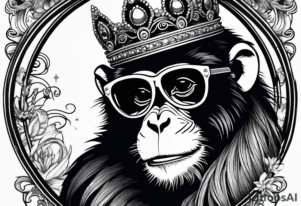 A cool free spirit female monkey with a princess crown and shades tattoo idea