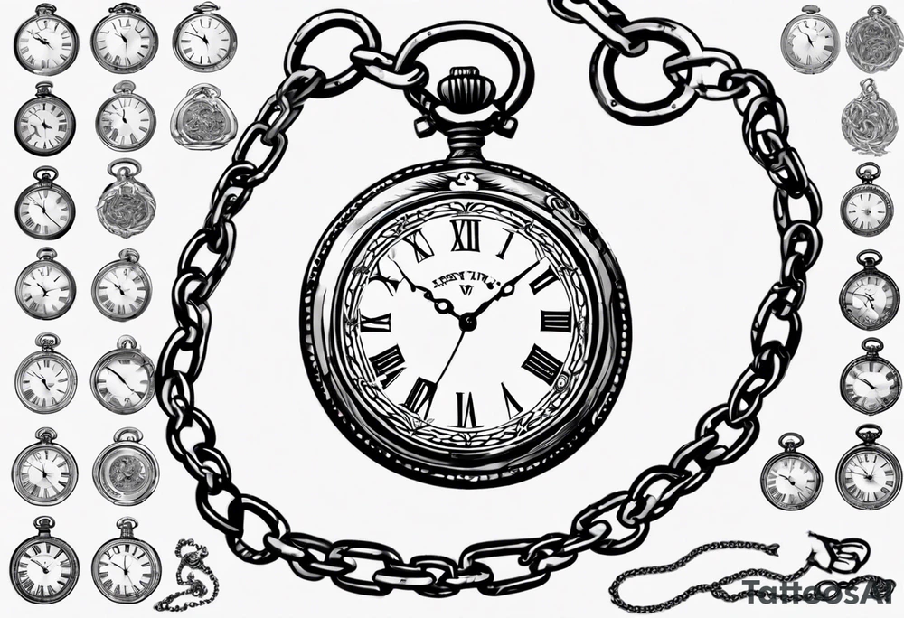 Pocket watch with chain, Roman numerals, date in Roman numerals inside timepiece, classic, elegant, traditional tattoo idea