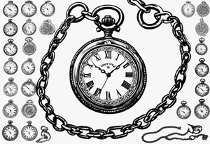 Pocket watch with chain, Roman numerals, date in Roman numerals inside timepiece, classic, elegant, traditional tattoo idea