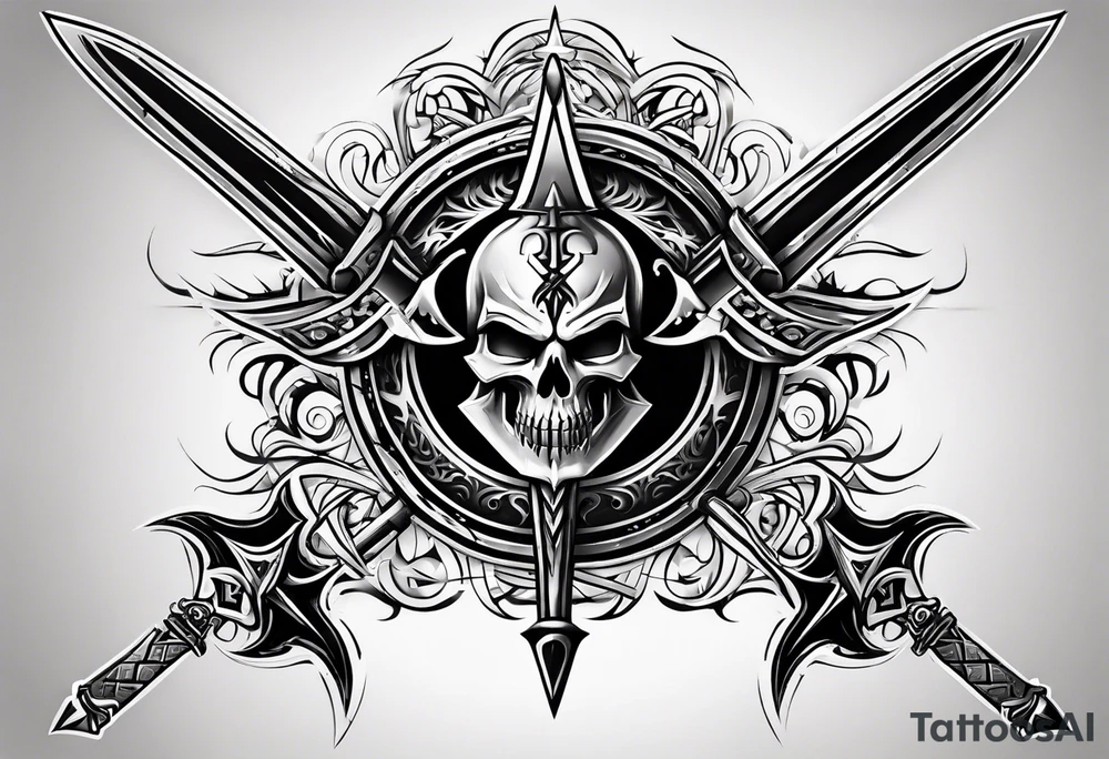 cyber sigilism round pointy swords shoulder design tattoo idea
