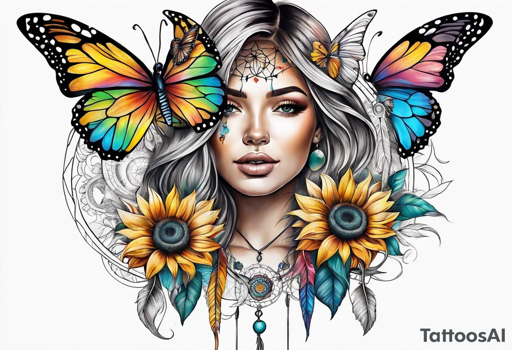Quarter Leg sleeve with dreamcatcher, rainbow sunflowers and one butterfly tattoo idea