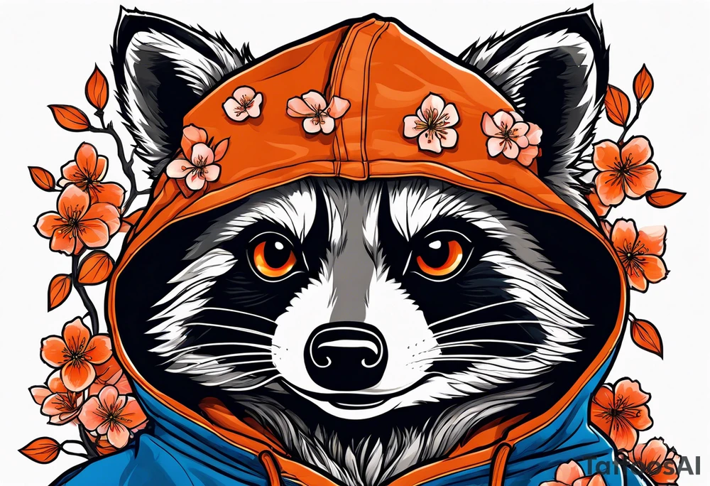 raccoon wearing a Superman hoodie with orange Japanese cherry blossoms tattoo idea