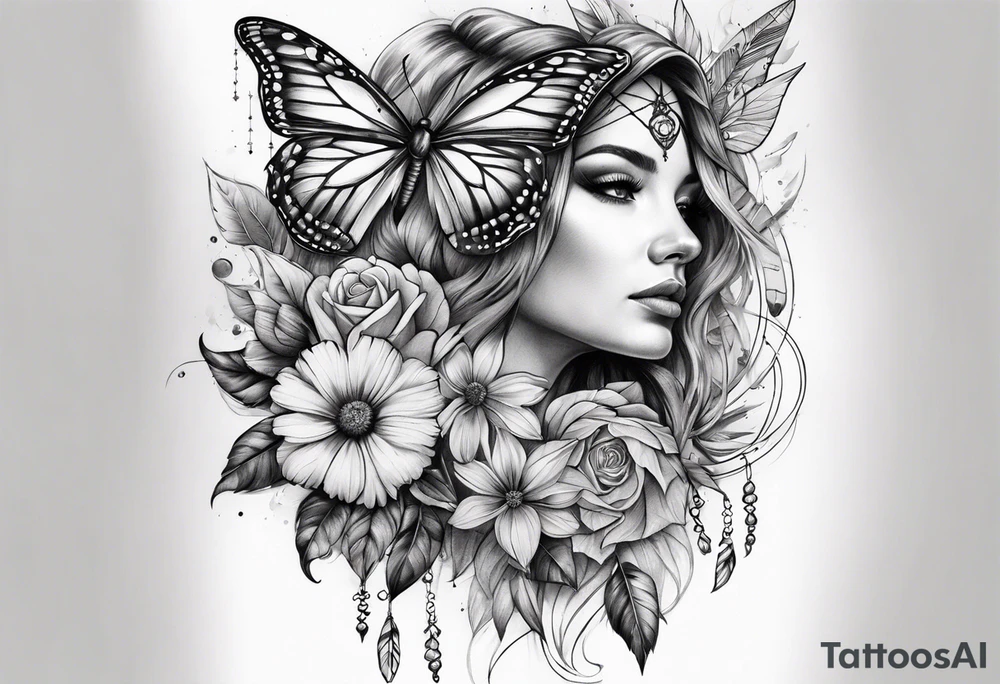 arm sleeve with dreamcatcher, rainbow flowers and one butterfly tattoo idea