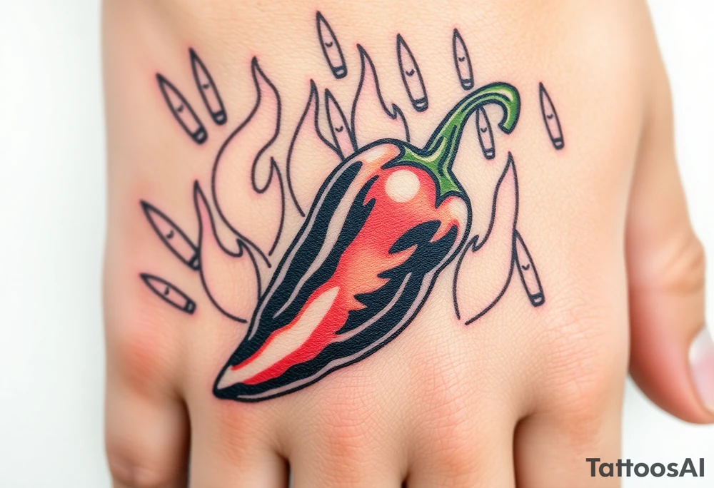Chili pepper with flames and raining bullets in the background tattoo idea