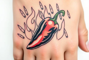 Chili pepper with flames and raining bullets in the background tattoo idea