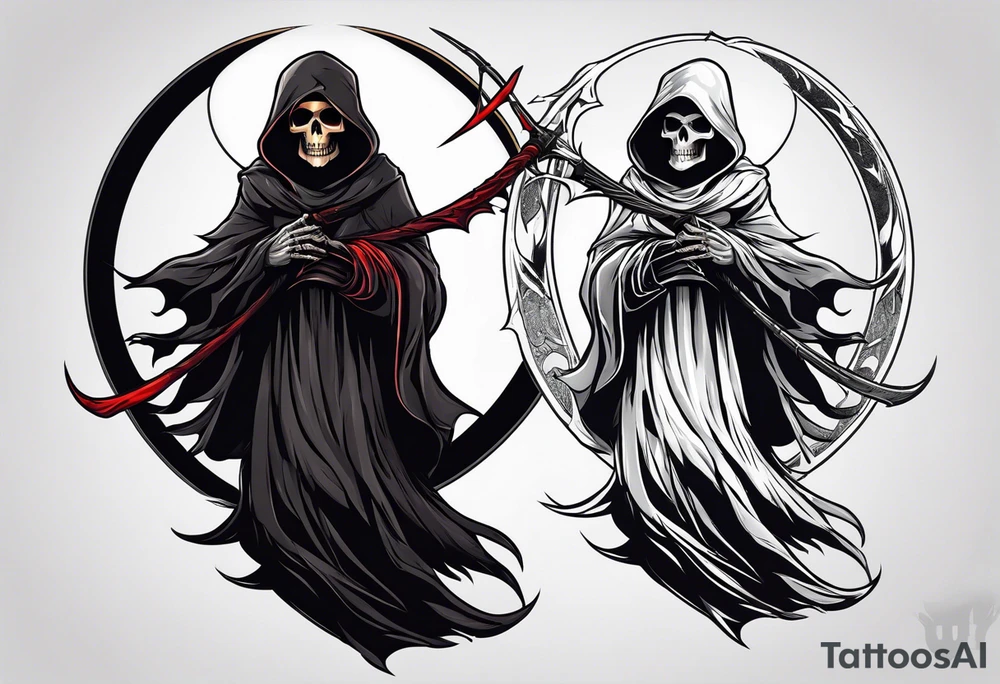 A full body grim reaper with his hood completely off, a halo above his head. tattoo idea