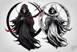 A full body grim reaper with his hood completely off, a halo above his head. tattoo idea