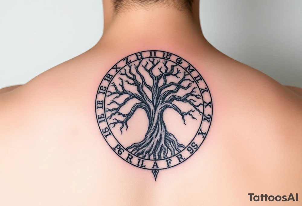 yggadrisl tree of life with circle of runes tattoo idea