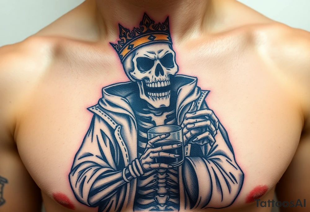 evil skeleton king in clothes having a good time getting drunk tattoo idea