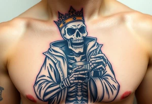 evil skeleton king in clothes having a good time getting drunk tattoo idea