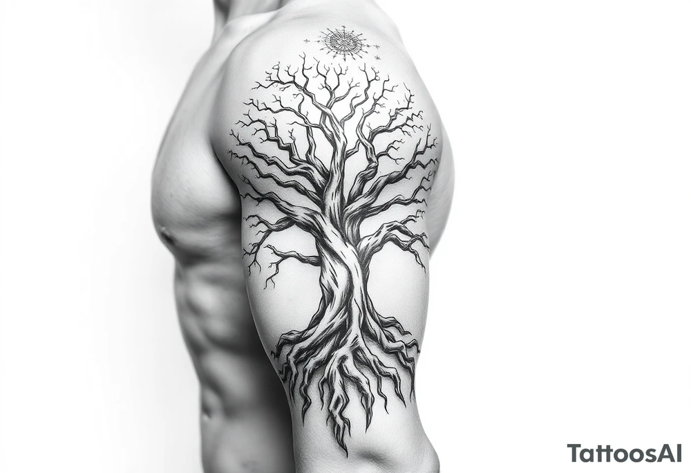mystical tree of life with cosmic roots and celestial branches tattoo idea