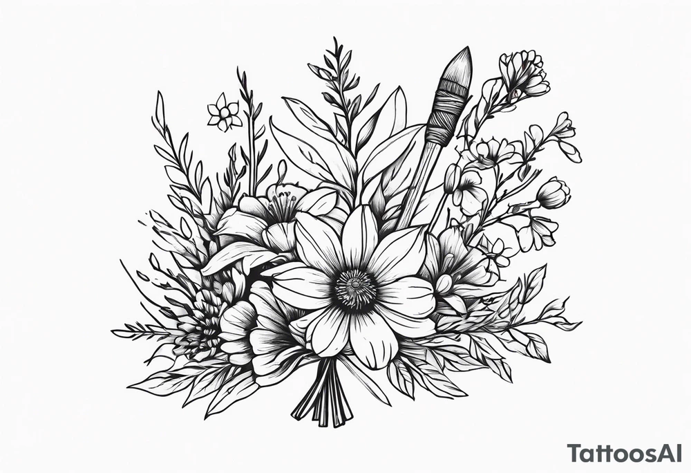 Bouquet of wildflowers tied to a broom tattoo idea