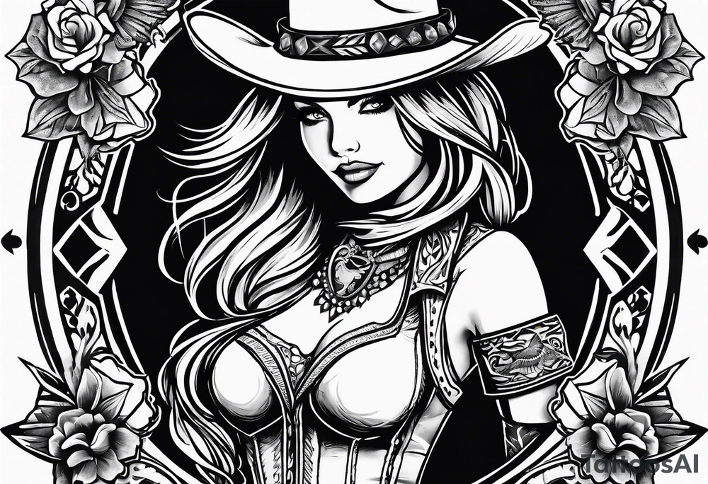 women’s sleeve with a wild west vibe with elements of a cowboy, playing cards, and birds tattoo idea