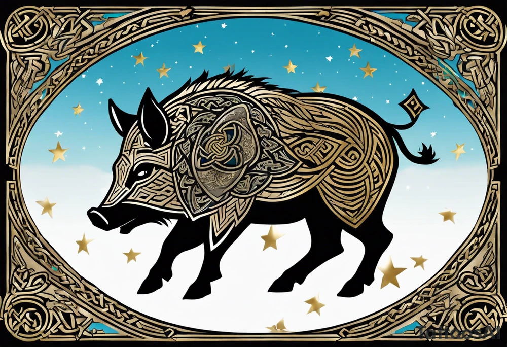 Side profile, Celtic, tribal, wild boar, On a Chatwin family crest with blue background, two gold stars, and a gold Chevron, and a Thistle. With bold black tribal lines. ancient Celtic, tribal boar tattoo idea