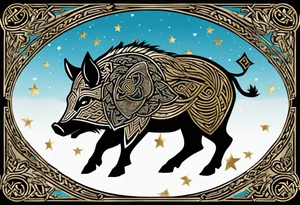 Side profile, Celtic, tribal, wild boar, On a Chatwin family crest with blue background, two gold stars, and a gold Chevron, and a Thistle. With bold black tribal lines. ancient Celtic, tribal boar tattoo idea