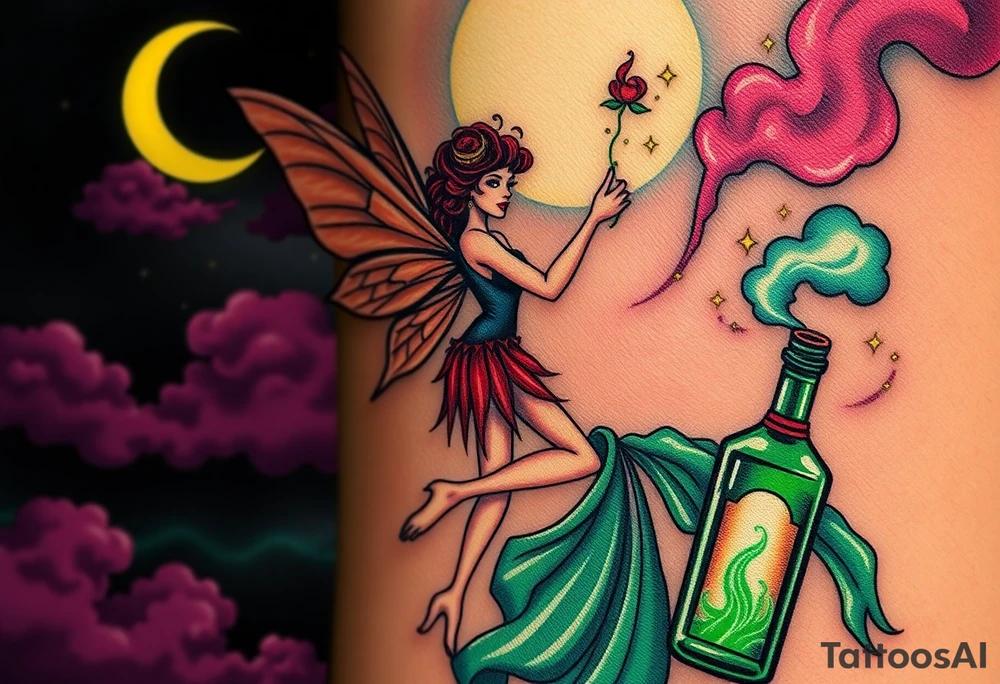 Tim Burton’s pin up style Vintage Parisian elegant and hauntingly beautiful yet eerie full body absinthe Green Fairy dances outside her victorian crystal decatur absinthe bottle Absinthe Art Nouveau   and dripping with muted reds, dusty pinks, and eerie green glow.purple and cyan smokey clouds swirl in the crescent moonlit sky thats sprinkled with stars tattoo idea