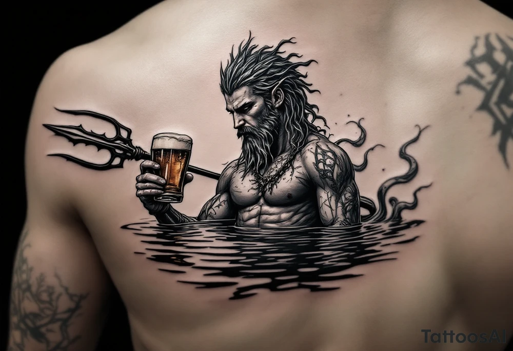young, fit poseidon in calm water, holding a trident, holding a beer, looking at the beer tattoo idea