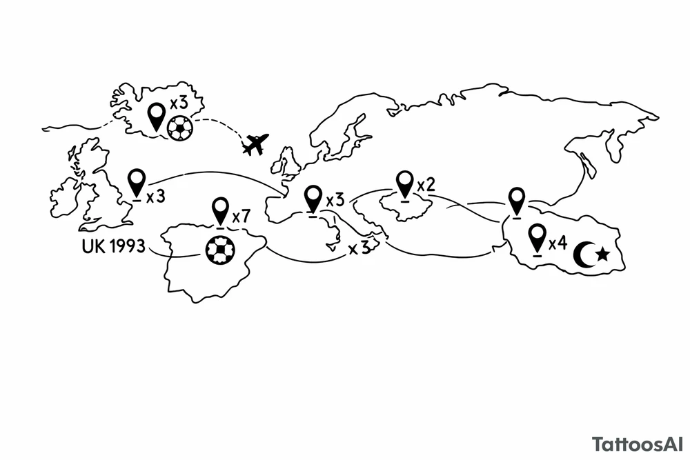 A football journey no crests stars each country on how many times ive played there
A fine-line world map or stylized route connecting Iceland ➔ Italy ➔ Spain ➔ Turkey ➔ Hungary ➔ France, with minimalist markers for each club.
Starting in uk 1993 tattoo idea
