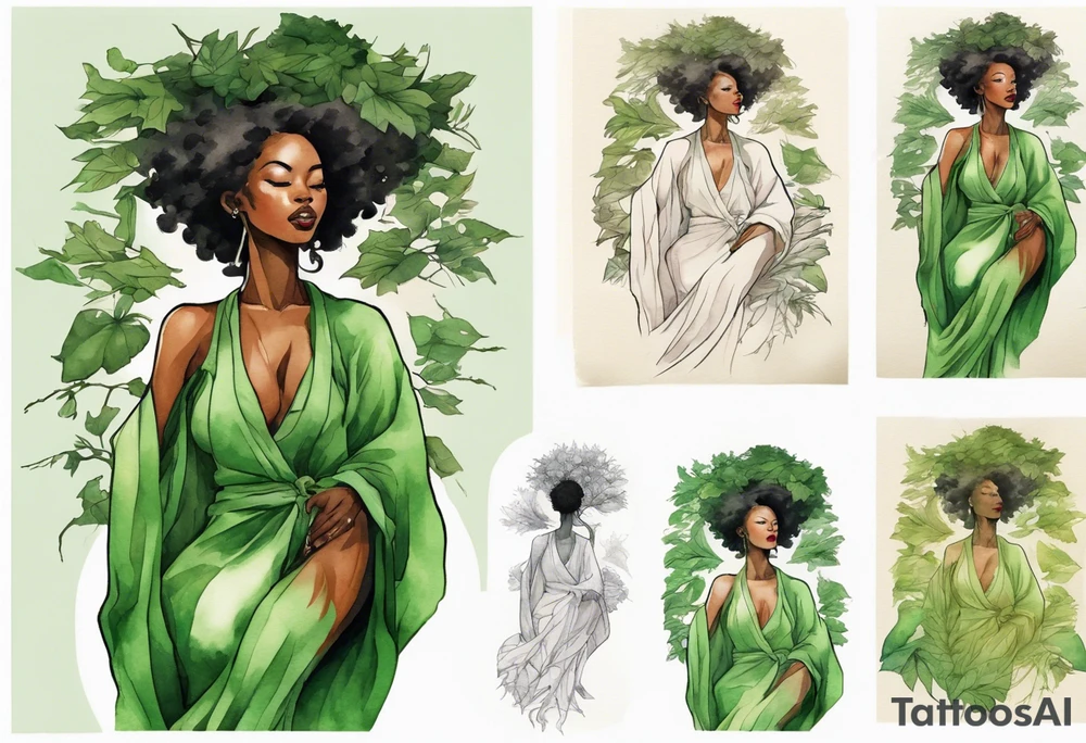 a beautiful black woman with legs that turn into tree roots, wearing a green robe, arms reaching up towards the sun blazing in the sky, leaves in her hair tattoo idea