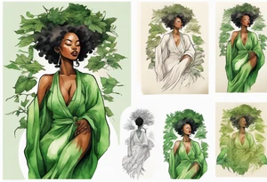 a beautiful black woman with legs that turn into tree roots, wearing a green robe, arms reaching up towards the sun blazing in the sky, leaves in her hair tattoo idea