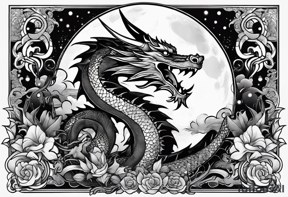Dragon with Seven number format with full moon on background tattoo idea