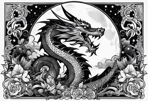 Dragon with Seven number format with full moon on background tattoo idea