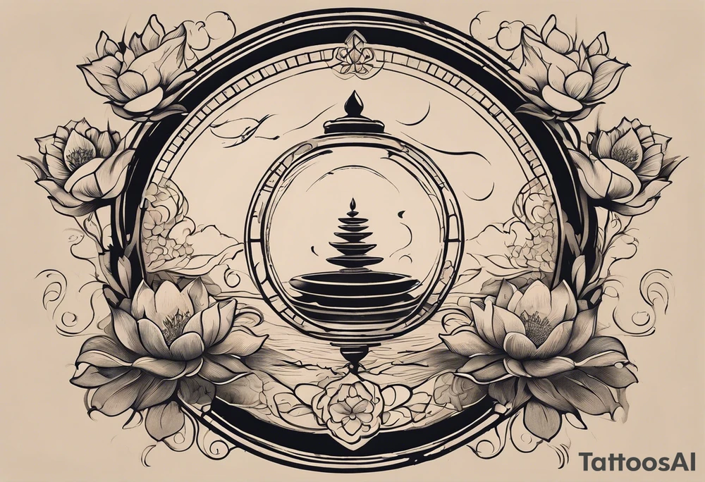 Tattoo Design Instructions:

Central Hourglass: Place in the middle; dark sand at the top, light sand flowing down.
Lotus Flower: Grow from the base of the hourglass, symbolizing growth from hardship.
Family Scene: On one side, depict two boys holding hands, looking up at a larger protective mother figure.
Betrayal Symbolism: Add a broken chain near the hourglass's bottom; a rising phoenix beside it.
Pathway of Growth: A path with stepping stones leading upwards; include a koi fish, crane, and yin-yang symbols.
Asian Elements: Scatter cherry blossoms, waves, and wind patterns; add Kanji for key values like "loyalty" and "strength."
Color and Style: Use black and grey with hints of pink, white, and orange.
Placement: Best as a sleeve or back piece for full detail and flow. tattoo idea