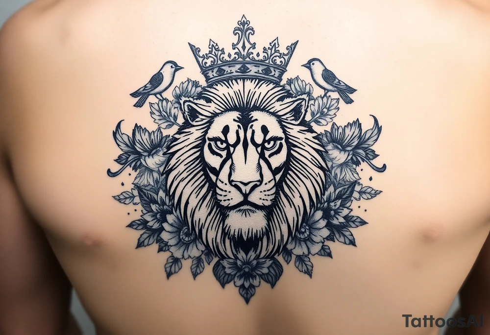 powerful majestic lion with a crown, surrounded by floral ornaments and birds tattoo idea