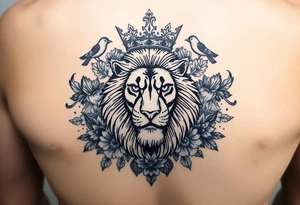 powerful majestic lion with a crown, surrounded by floral ornaments and birds tattoo idea