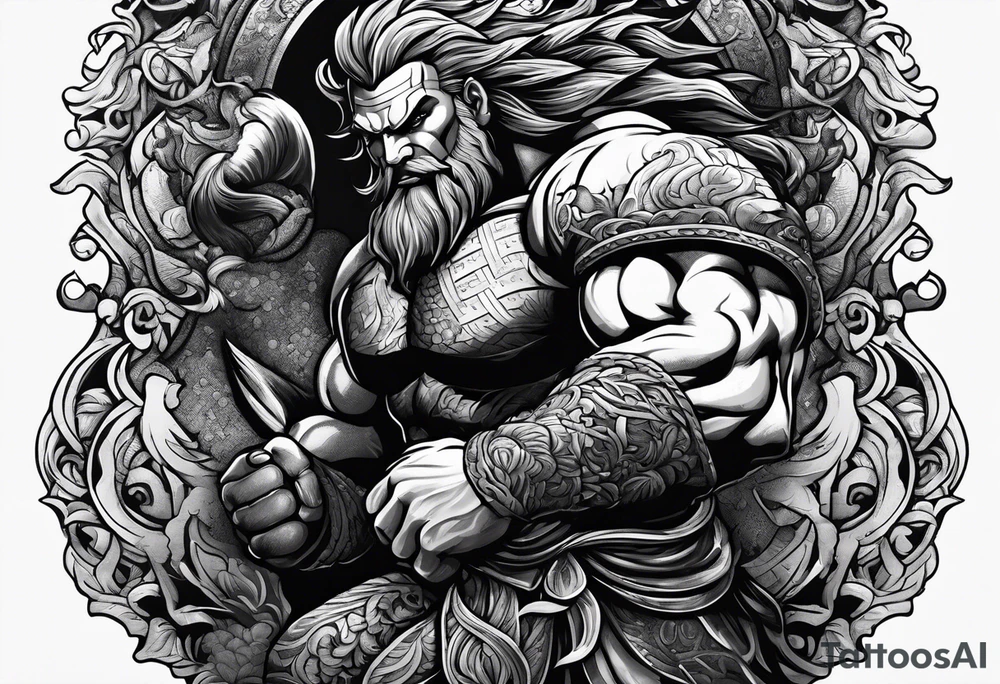 full body strong mythical giant turned to the side about to punch something stipple shading tattoo idea