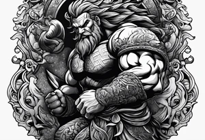 full body strong mythical giant turned to the side about to punch something stipple shading tattoo idea