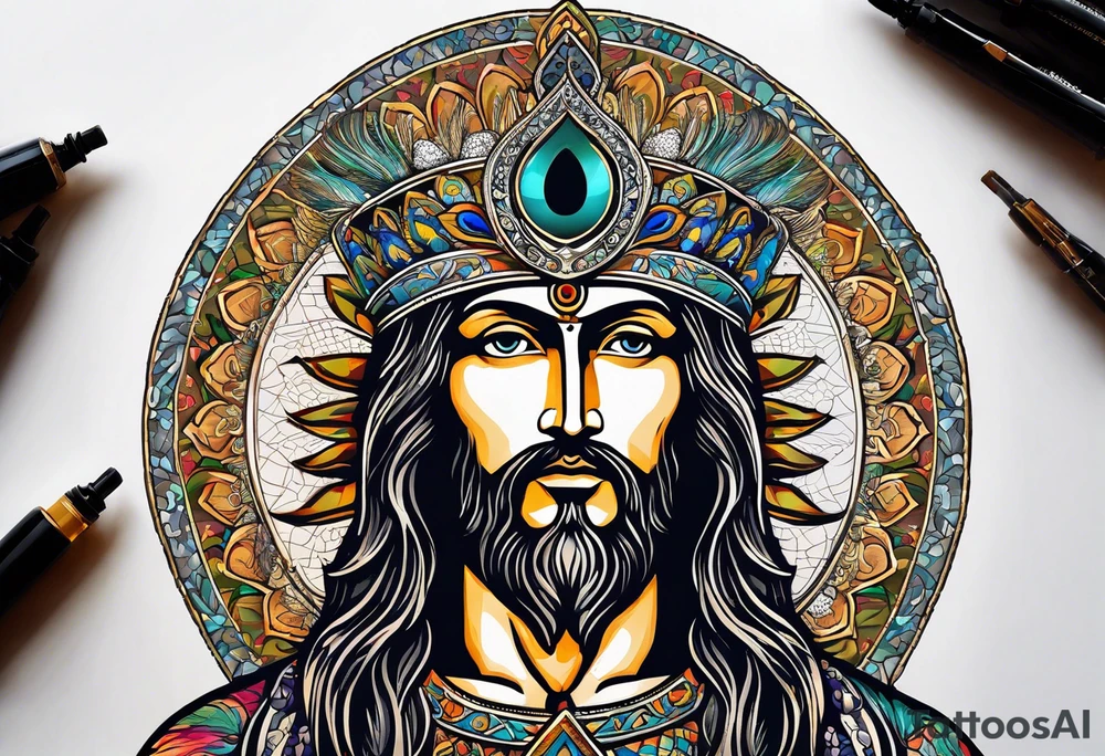 flat stern byzantine Christ with all-demanding eyes with a halo made of peacock feathers and pecans tattoo idea