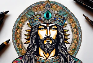 flat stern byzantine Christ with all-demanding eyes with a halo made of peacock feathers and pecans tattoo idea