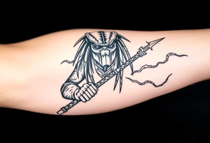 Predator with staff pointing towards sky with lighting bolt tattoo idea