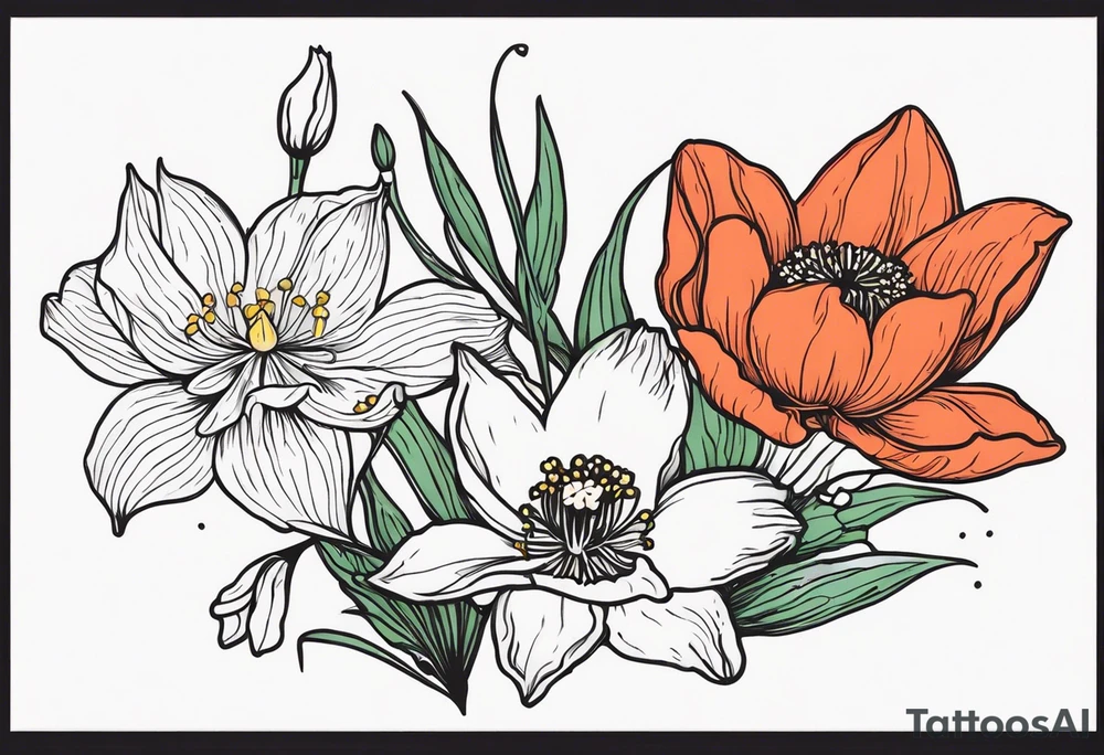 Poppy, water Lilly, Lilly of the valley, daffodil, cosmos tattoo idea