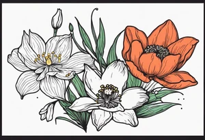 Poppy, water Lilly, Lilly of the valley, daffodil, cosmos tattoo idea