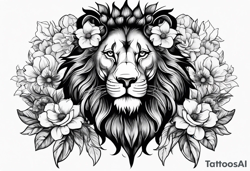 Black Lion with flowers and a crescent moon on forehead tattoo idea