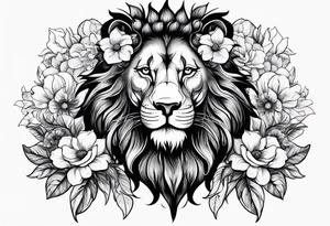 Black Lion with flowers and a crescent moon on forehead tattoo idea