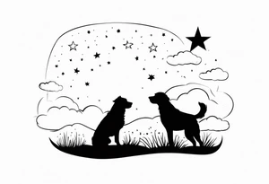 3 black silhouettes of dogs looking up at the night sky tattoo idea