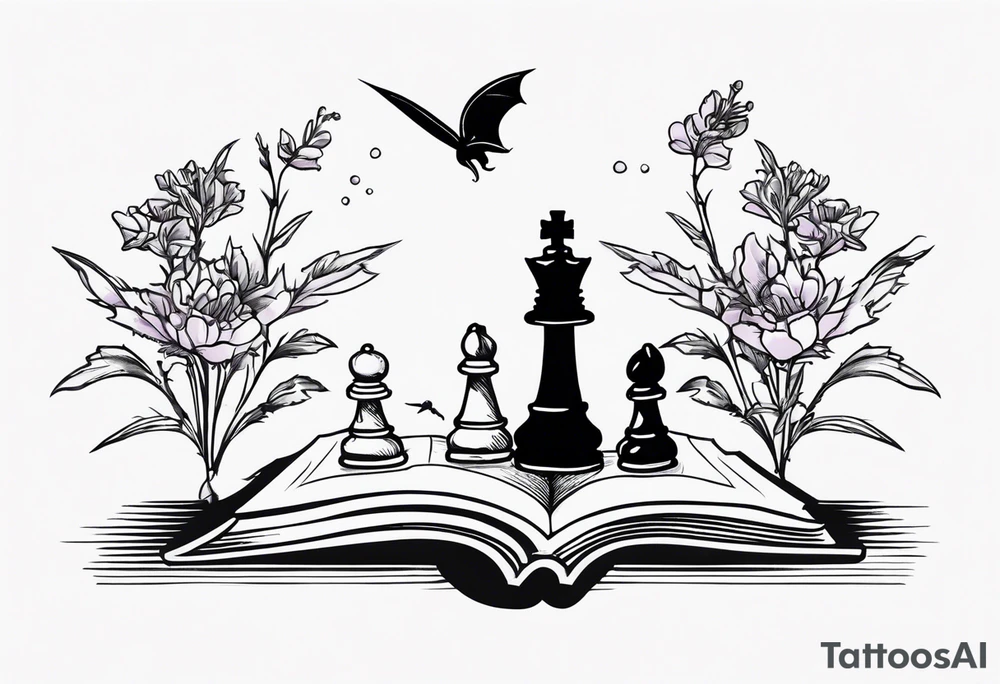 an open book. Above the book, a small dragon, flies. a pawn chess piece. Below the book, a cluster of lavender flowers tattoo idea