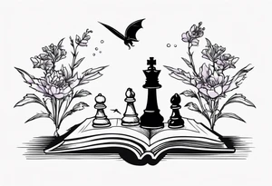an open book. Above the book, a small dragon, flies. a pawn chess piece. Below the book, a cluster of lavender flowers tattoo idea